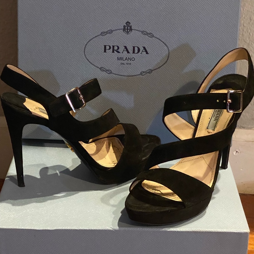 Black Prada strappy heeled platform sandal size 39.5 Calzature Donna Camoscio